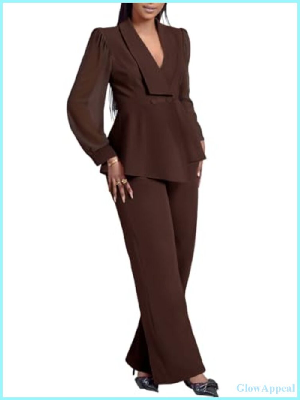 Women's Dressy Mesh Sleeve Ruffle Blazer Wide Leg Pants Suit Set